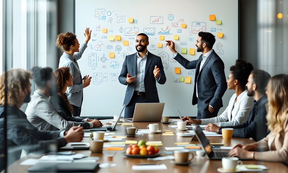 A strategy meeting in a meeting room booked through BluDesks.