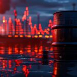 Black oil barrel against rising red bar graphs symbolizing oil price increases and global tensions