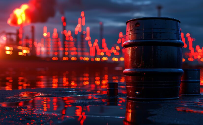 Black oil barrel against rising red bar graphs symbolizing oil price increases and global tensions