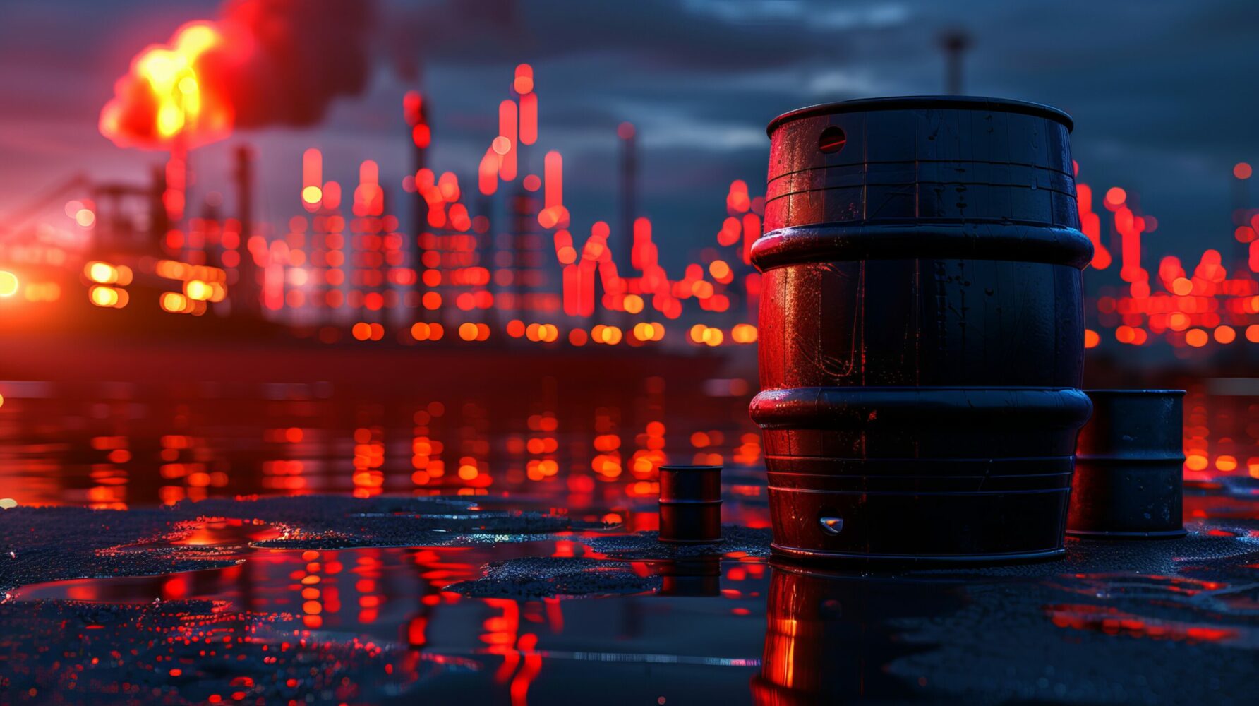 Black oil barrel against rising red bar graphs symbolizing oil price increases and global tensions
