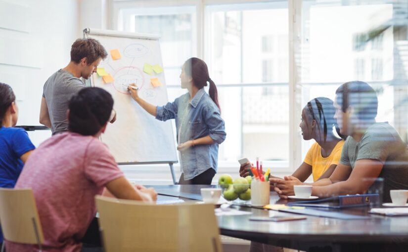 A team holding a brainstorming session in a hired meeting room.