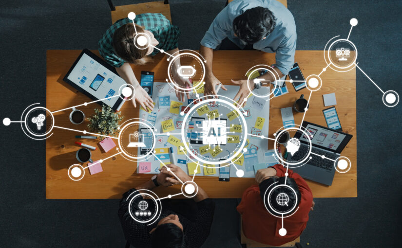 AI and the workplace with teams collaborating in a flexible professional office
