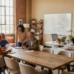 Purposeful work with professionals using flexible workspaces for different business tasks