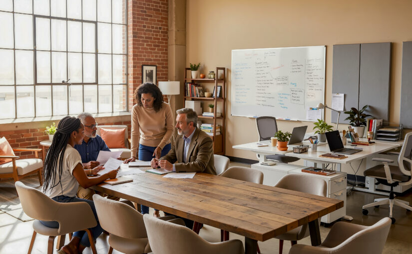 Purposeful work with professionals using flexible workspaces for different business tasks